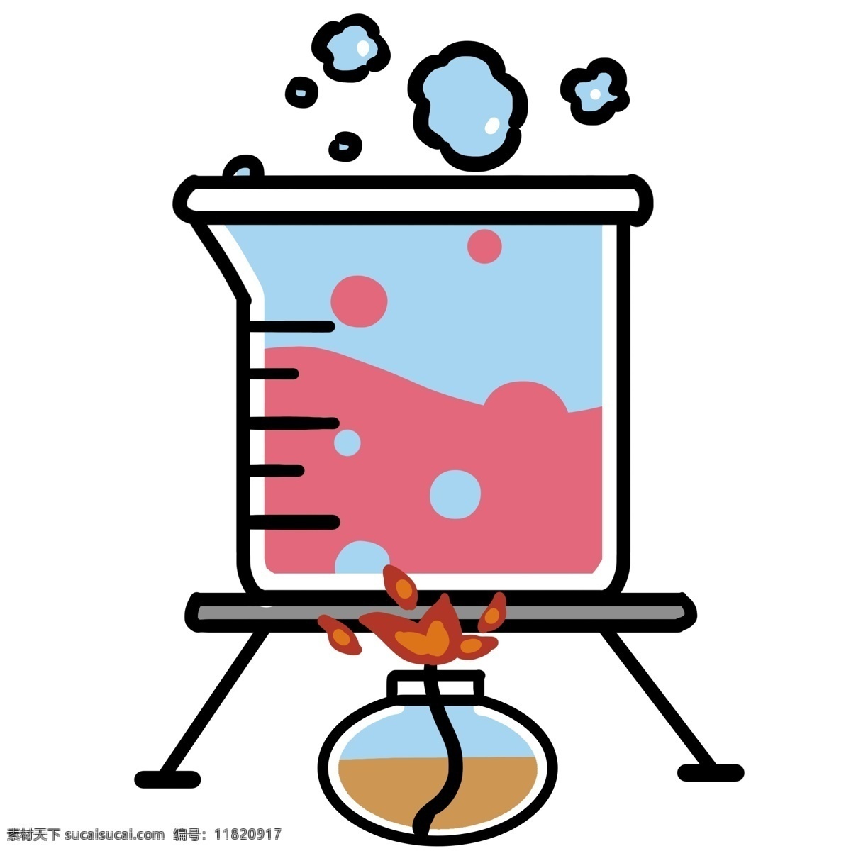 实验 器材 烧杯 插画 蓝色的烧杯 卡通插画 化学插画 化学仪器 化学器材 化学工具 燃烧的火焰