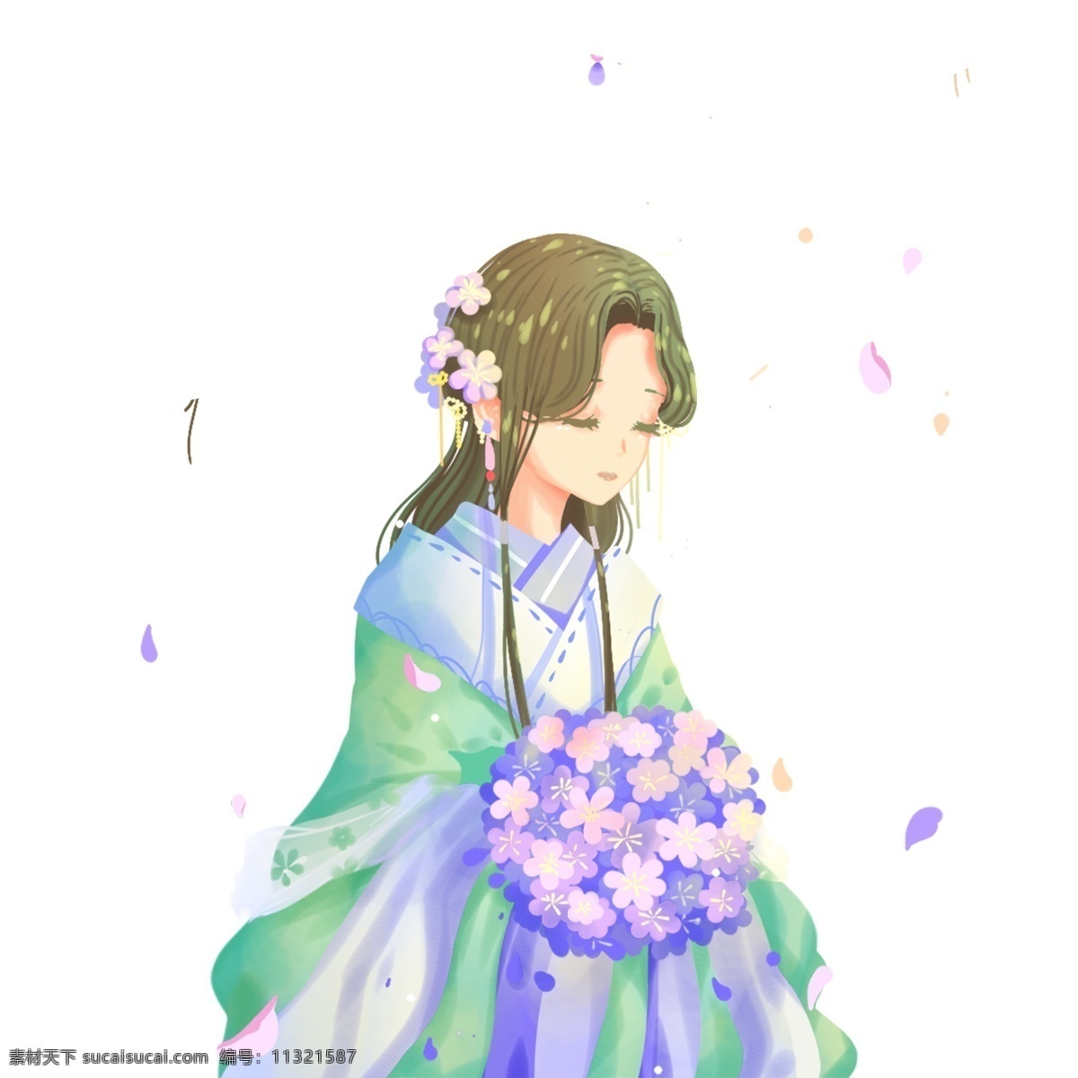 卡通 古代 女孩 免 抠 图 古装女孩 古装衣服 绿色植物 绿色生态 新鲜的花朵 盛开的花朵 植物 鲜花 紫色的鲜花
