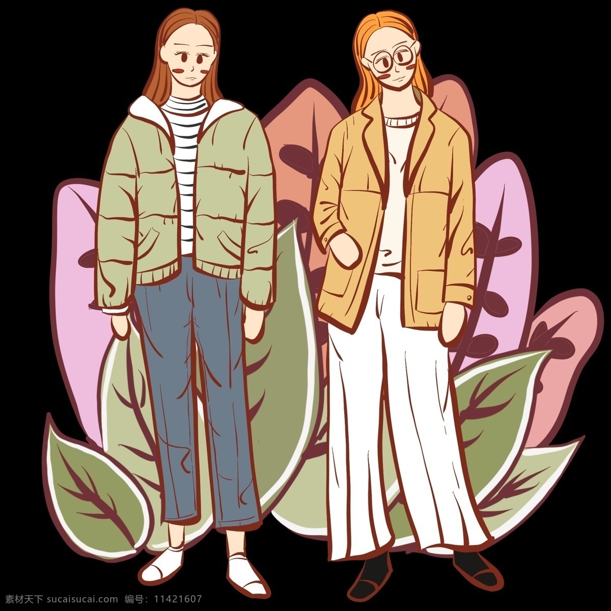 小 清新 少女 文 艺风 手绘 插画 女生 可爱少女 文静女生 金发女孩 手绘卡通植物 文艺 植被 叶片 棉服 牛仔裤 大衣 购物狂欢节 双十 服装 衣 品类 卡通 可爱