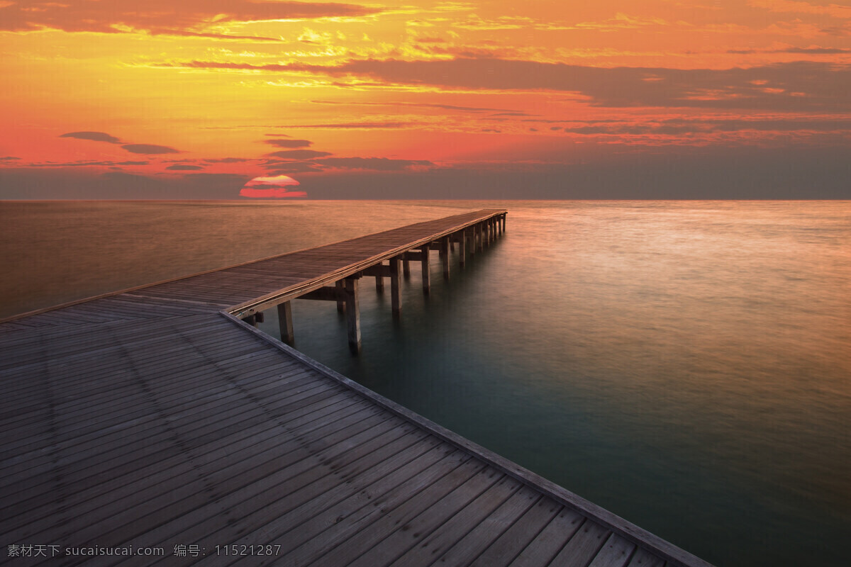 夕阳 下 海边 木桥 海 落霞 景色 风景 自然 落日 自然景观 自然风景