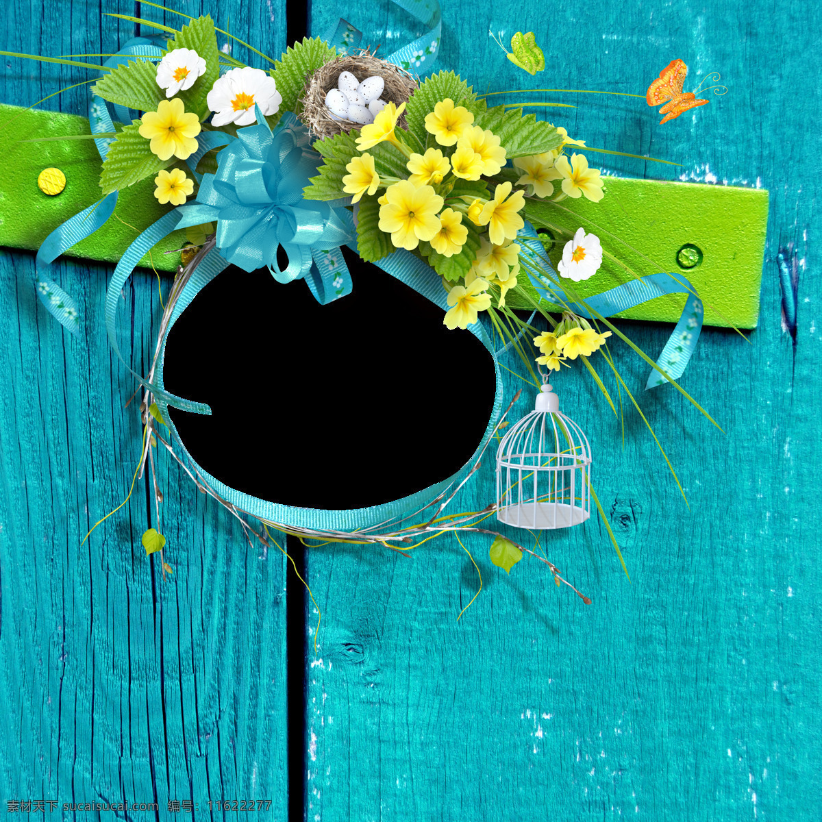 手绘 蓝色 背景 下 衬托 花卉 透明 白色 黄色小花 绿色 免扣素材 水彩 丝带 透明素材 装饰图案