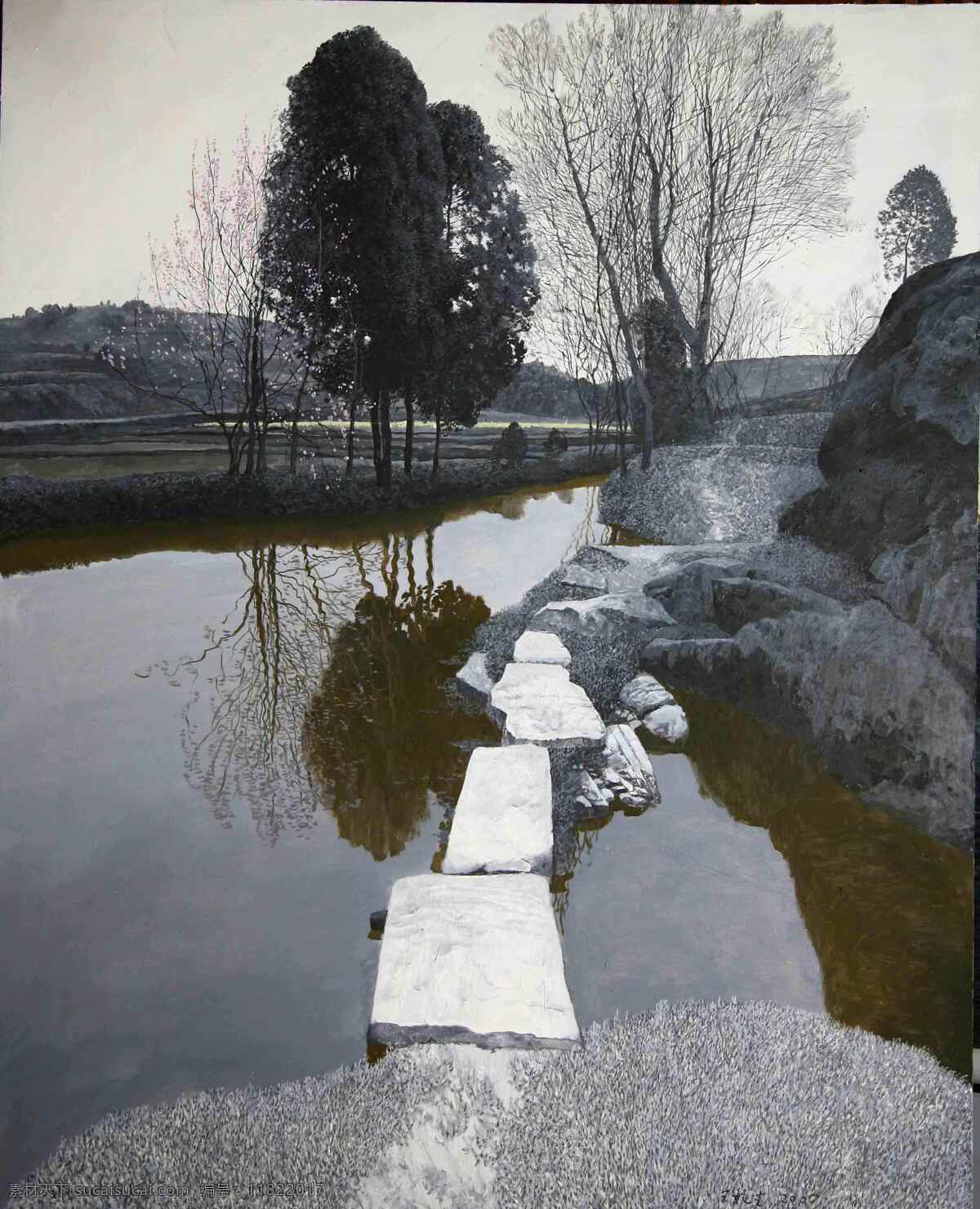 水中 石路 高清风景油画 水中石路 油画素材下载 油画 水中石路油画 装饰素材