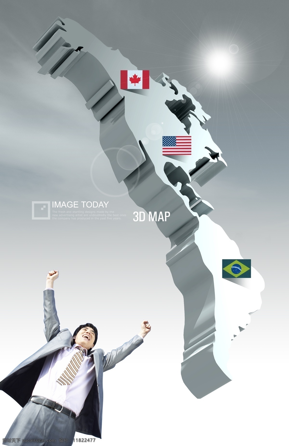 3d美洲地图 国际贸易 白领 成功人士 3d 科技蓝 成功 高举双手 美洲 南美 北美 美国 加拿大 巴西 商务金融 科技金融 psd素材 白色
