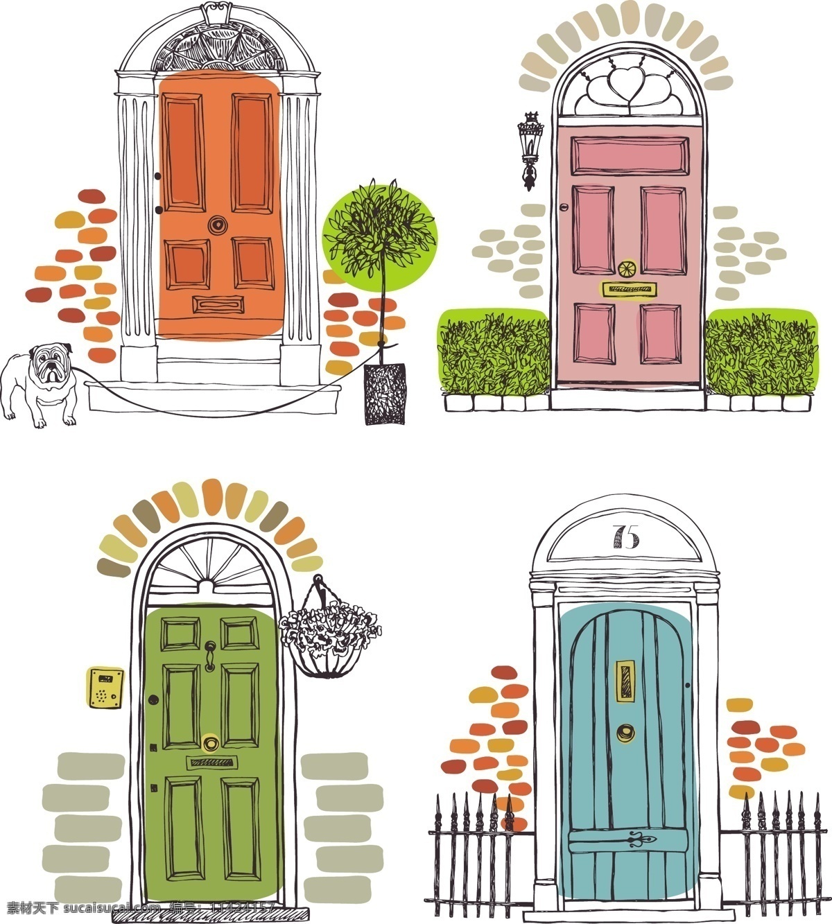 卡通 手绘 建筑 门 房子 彩色 装饰 装修 手绘建筑门 建筑门 矢量门