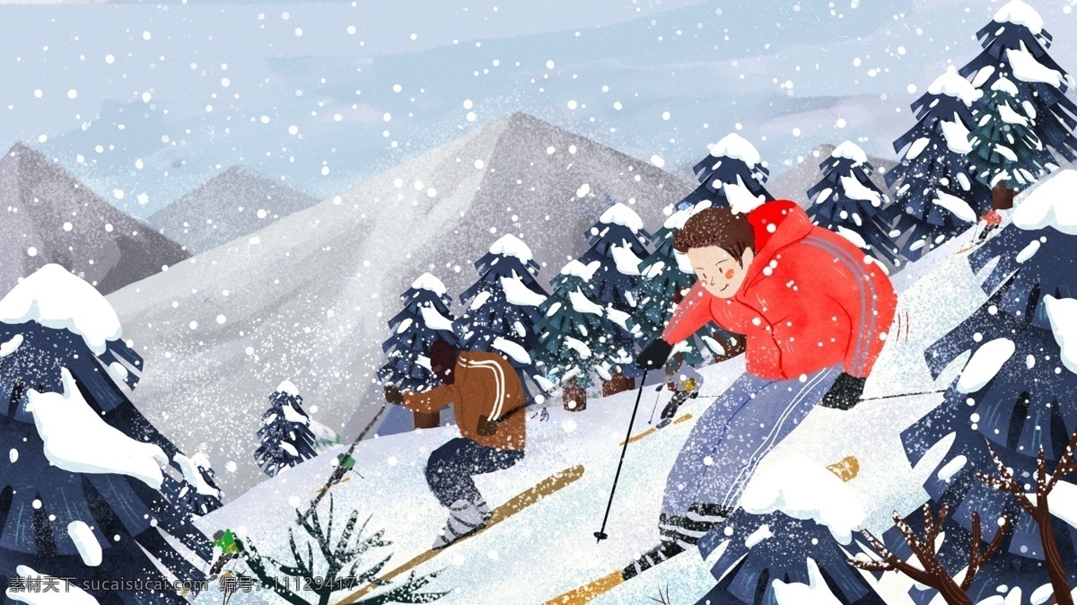 冬季 场景 滑雪场 滑雪 原创 手绘 插画 冬天 雪景 男孩 原创手绘插画