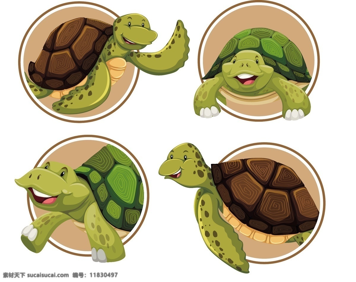 乌龟 卡通 矢量图 圆 绿色 龟壳 开心 脚 头 矢量卡通 动漫动画