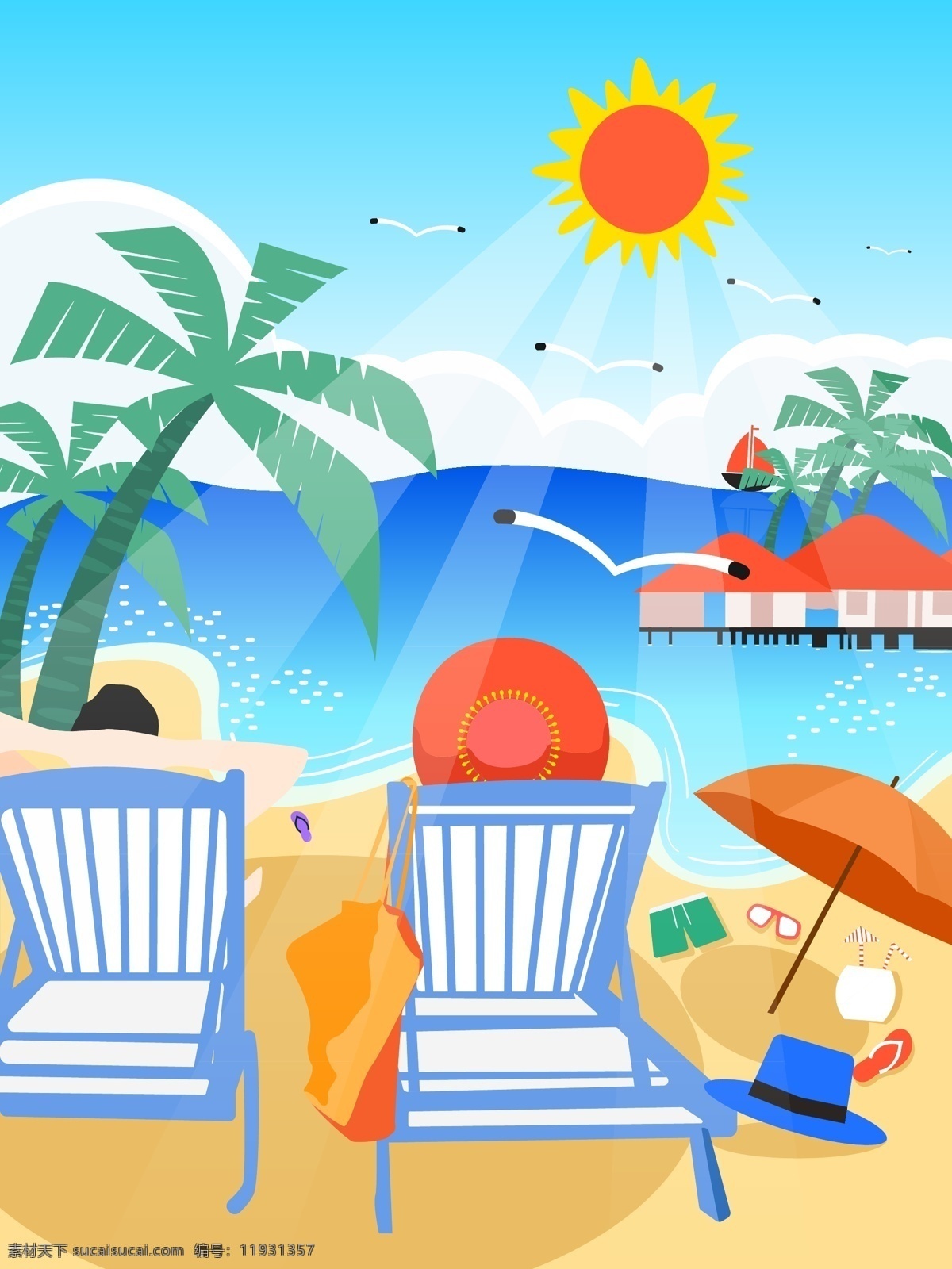 海边 旅游 情侣 甜蜜 度假 原创 矢量 小 清新 插画 阳光 海滩 海鸥 太阳伞 太阳镜 椰子树 红房子 眼镜
