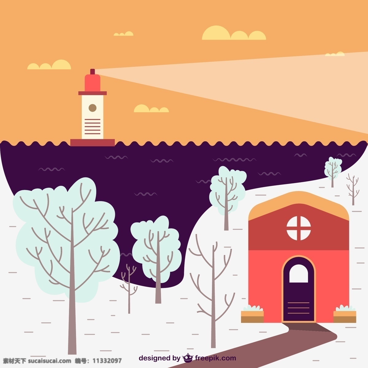 卡通 冬季 海港 风景 矢量 大海 灯塔 树木 雪花 房屋 矢量图 白色
