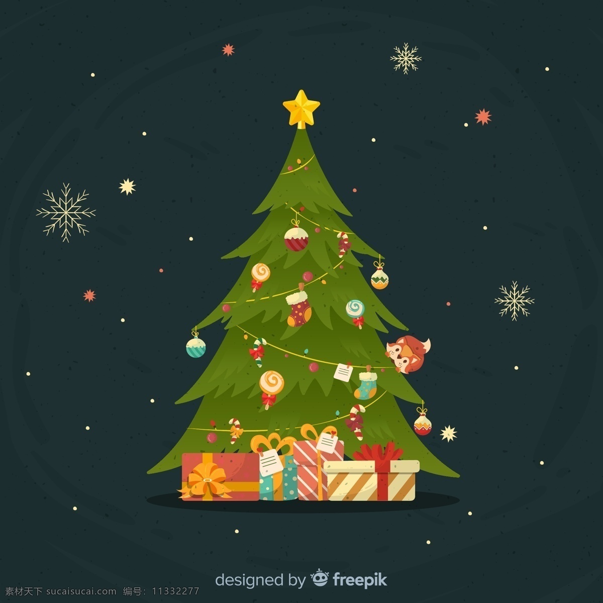 圣诞树 礼物 拐棍糖 松鼠 糖果 棒棒糖 可爱 绿色 矢量 高清图片