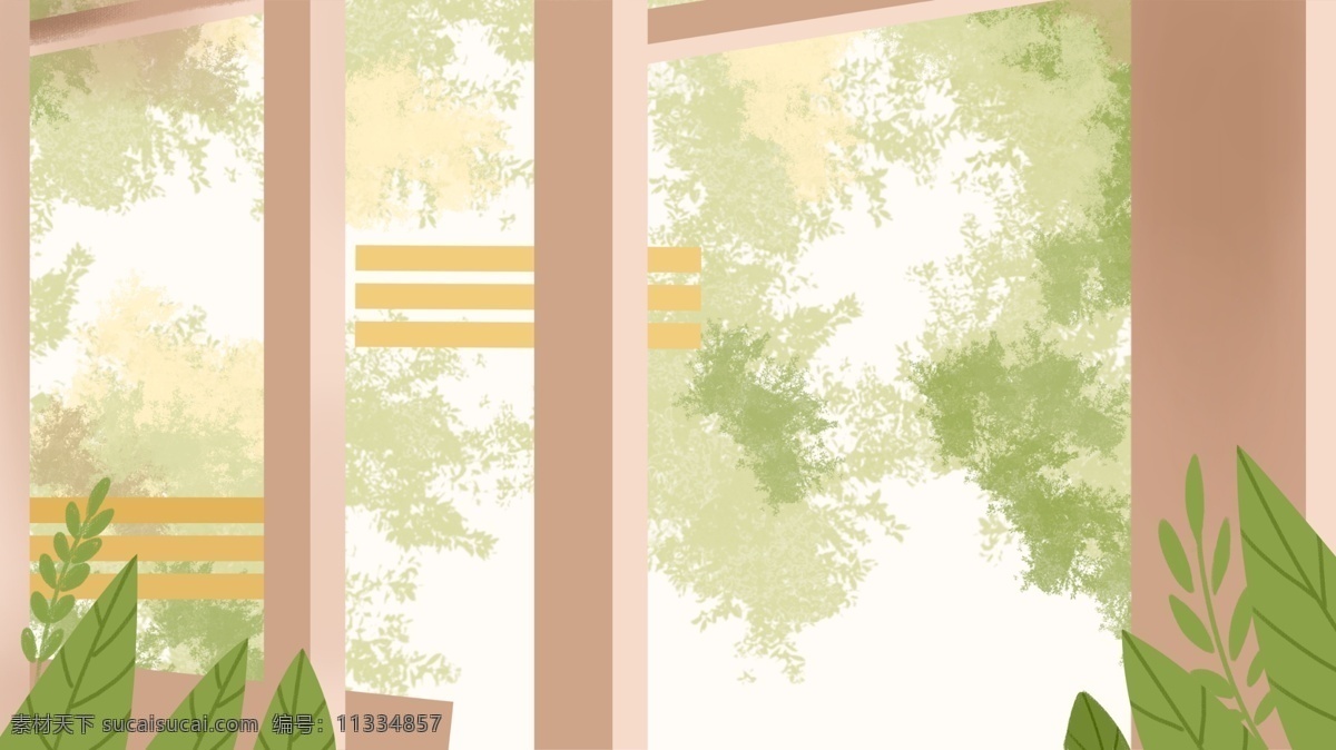明净 窗户 外 绿色 树叶 卡通 背景