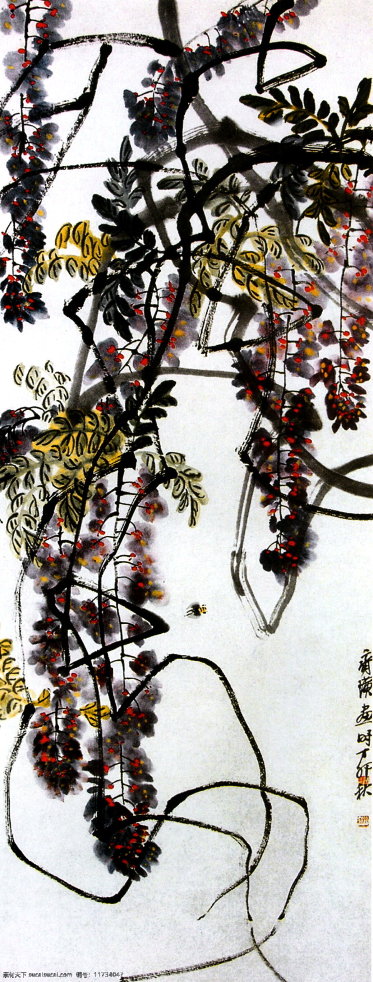 齐白石名画 古画 蜜蜂藤萝 中国画 设计素材 昆虫画篇 中国画篇 书画美术 白色