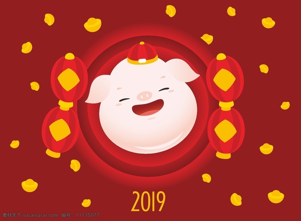 2019 卡通 吉祥物 财神 小 猪 灯笼 创意 企业 公司 猪年 元宝 过年