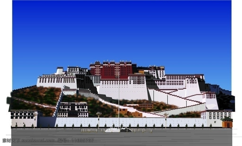 布达拉宫 房子 广场 矢量 旗杆 山 楼梯 城墙 建筑景观 自然景观