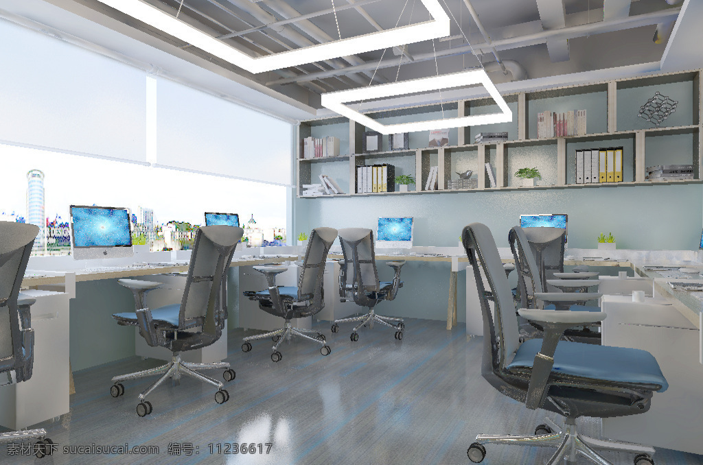 蓝色 现代 简约 办公室 效果图 时尚 3d 前卫 极简
