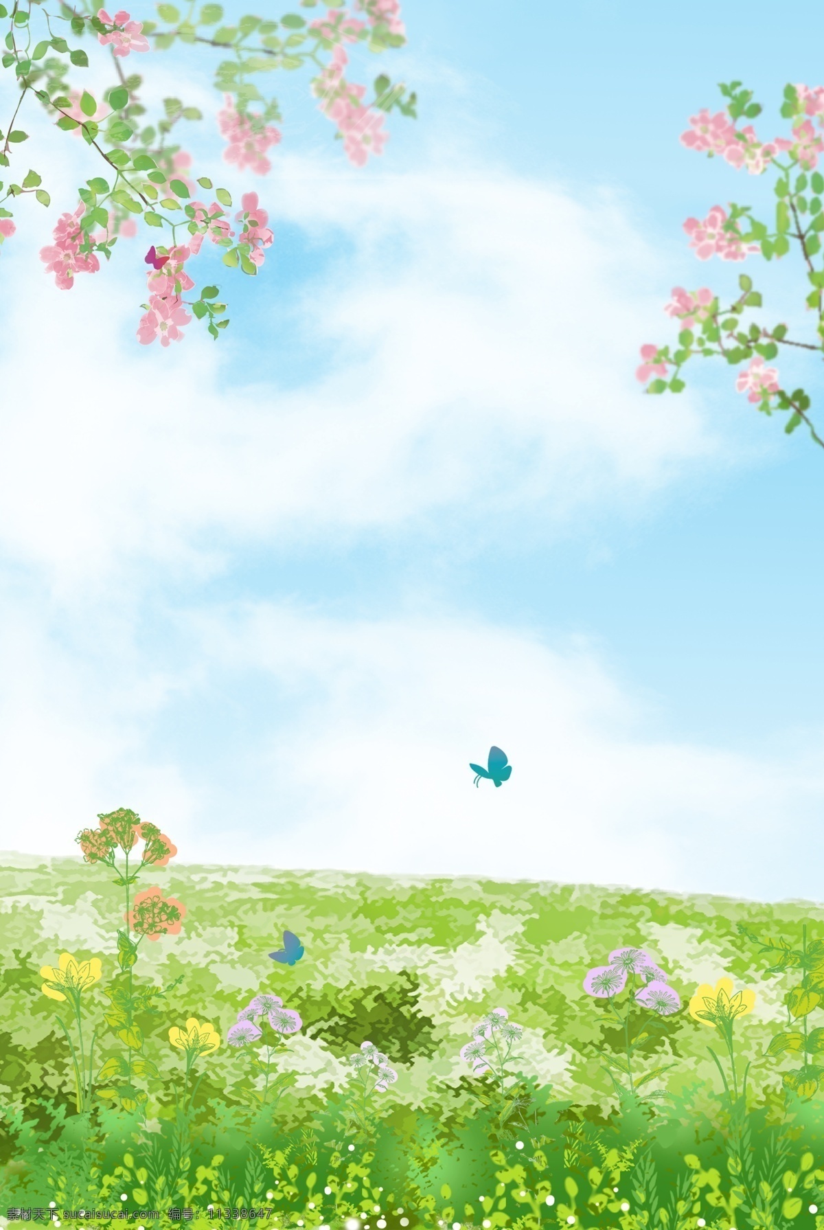 唯美 小清 新手 绘 春天 春分 时节 背景 蓝天 鲜花 卡通 矢量 风景 手绘 惊蛰 简约 大气 节气