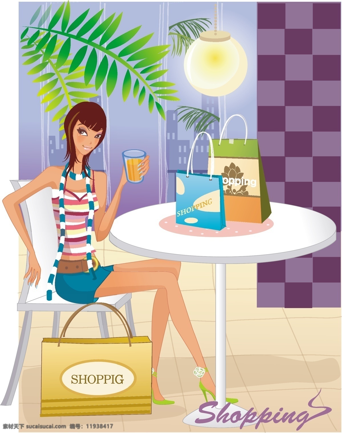 时尚 女性 购物 eps格式 背景 吊灯 购物袋 围巾 植物 桌子 矢量图 矢量人物