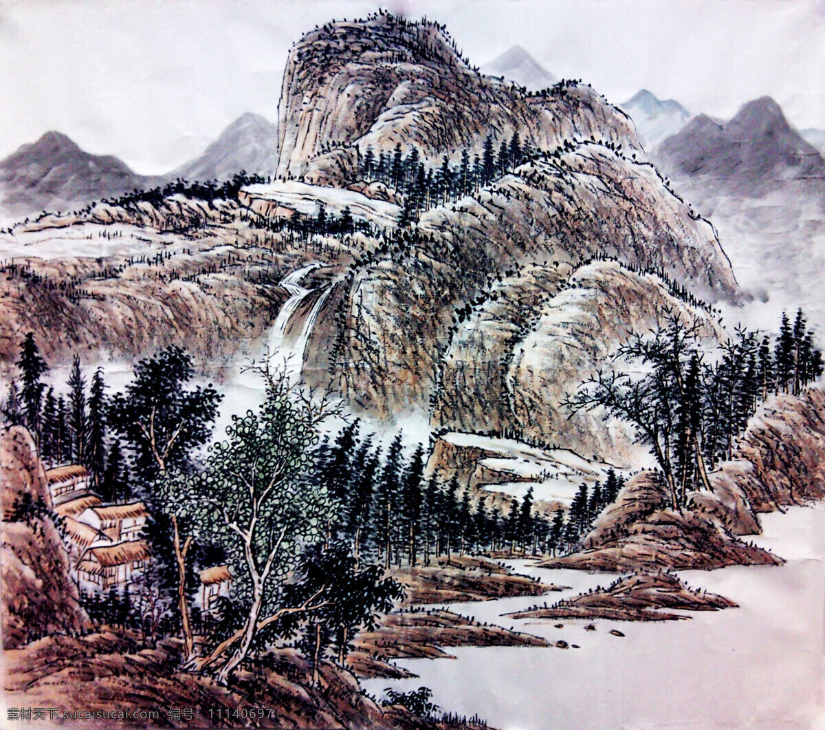 彩墨画 房屋 国画艺术 绘画 绘画书法 瀑布 山峰 山岭 秋山飞瀑图 中国画 山水画 现代国画 秋山 溪流 云雾 树木 山道 书法 印章 国画集29 文化艺术 家居装饰素材 雕刻 图案