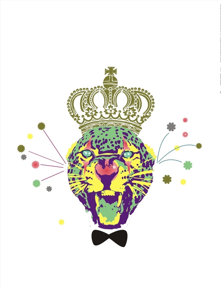 豹子 头 王冠 图案 动物 猛兽 猎豹 花豹 动物园 豹子头 皇冠 领结 豹纹 花朵 花瓣 矢量图案共享 服装设计