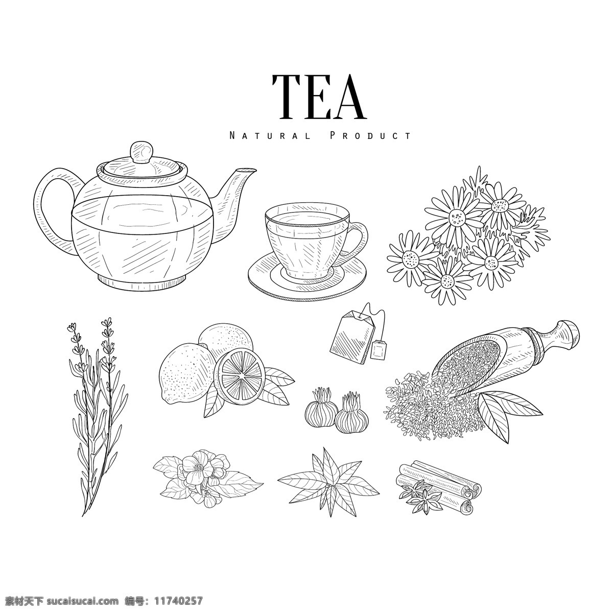 手绘 中国 茶道 静物 茶壶 杯子 花茶 水果 柠檬 传统