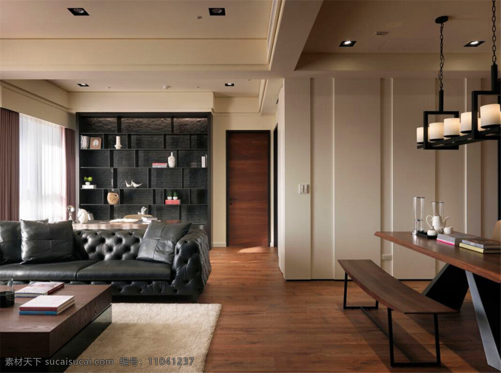 现代 奢华 格调 客厅 黑色 沙发 室内装修 效果图 长吊灯 客厅装修 木地板 褐色茶几