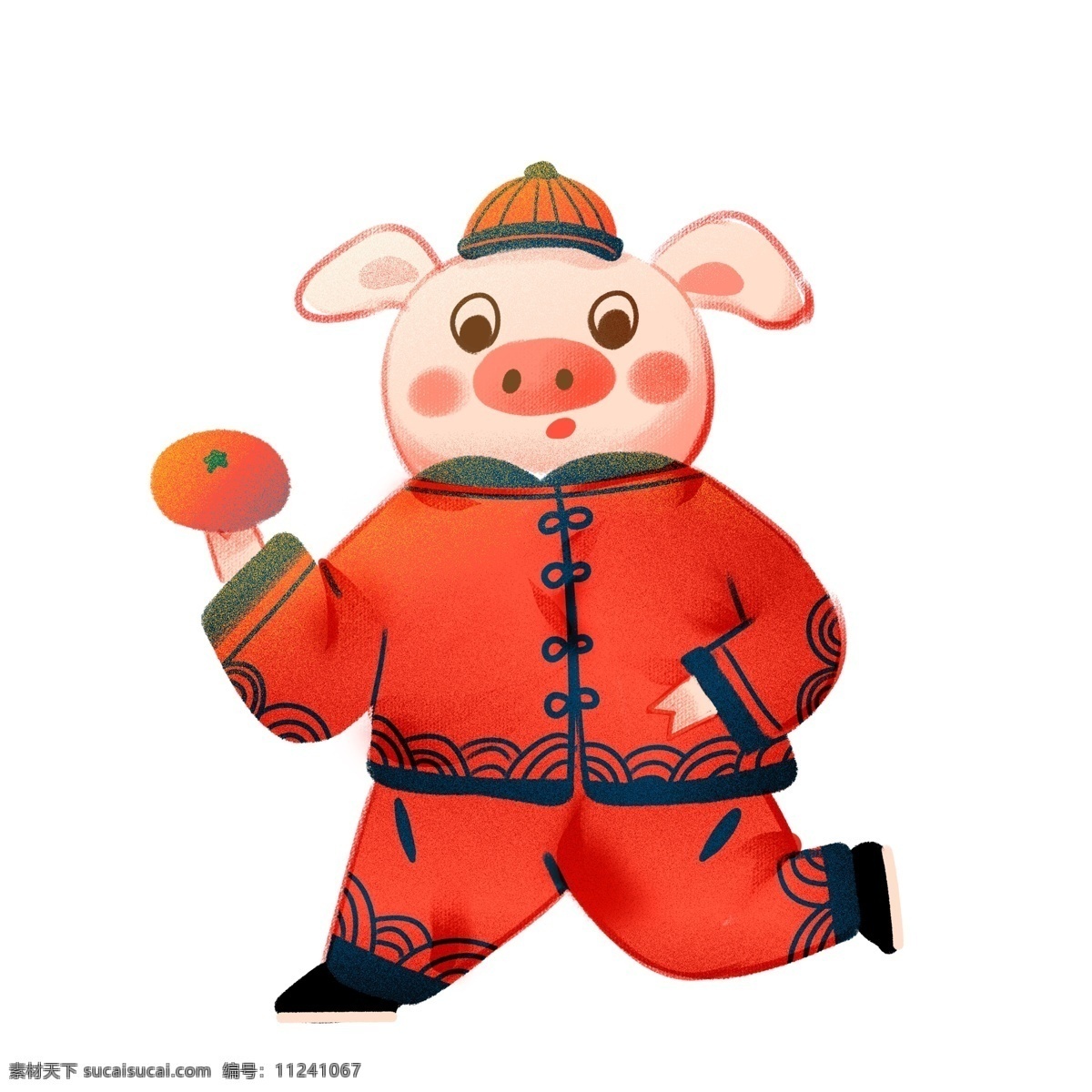 喜庆 中国 风 橘子 小 猪 红色 中国风 春节 插画 大吉大利 新春 新年 猪年 2019年 小猪形象 猪年形象 过年