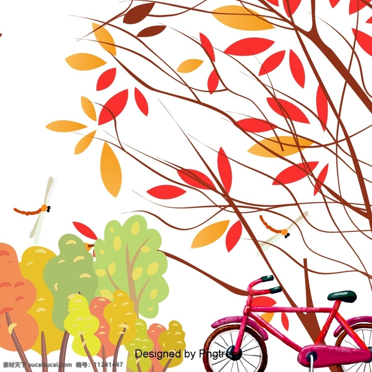 美丽 多彩 的卡 通 可爱 手绘 秋天 金 树 蜻蜓 自行车 卡通 金色 树叶 树木 树枝