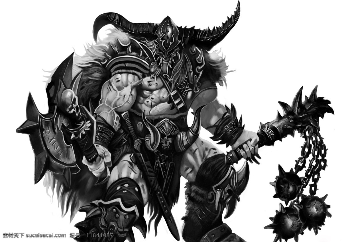 野蛮 人 游戏 黑白 肌肉 野蛮人 强壮 武器精通 游戏设计 动漫动画