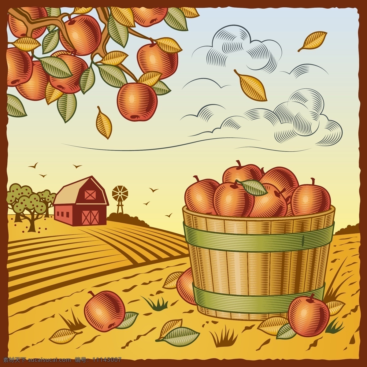 矢量 秋天 丰收 苹果 标签 卡通农场 木桶 农场 农场风光 秋天丰收 矢量图 其他矢量图