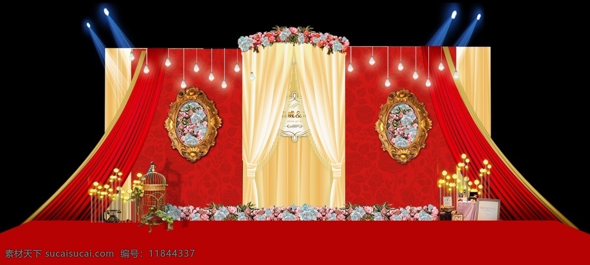 红色复古 红色 复古风 中式 龙珠灯 金色相框