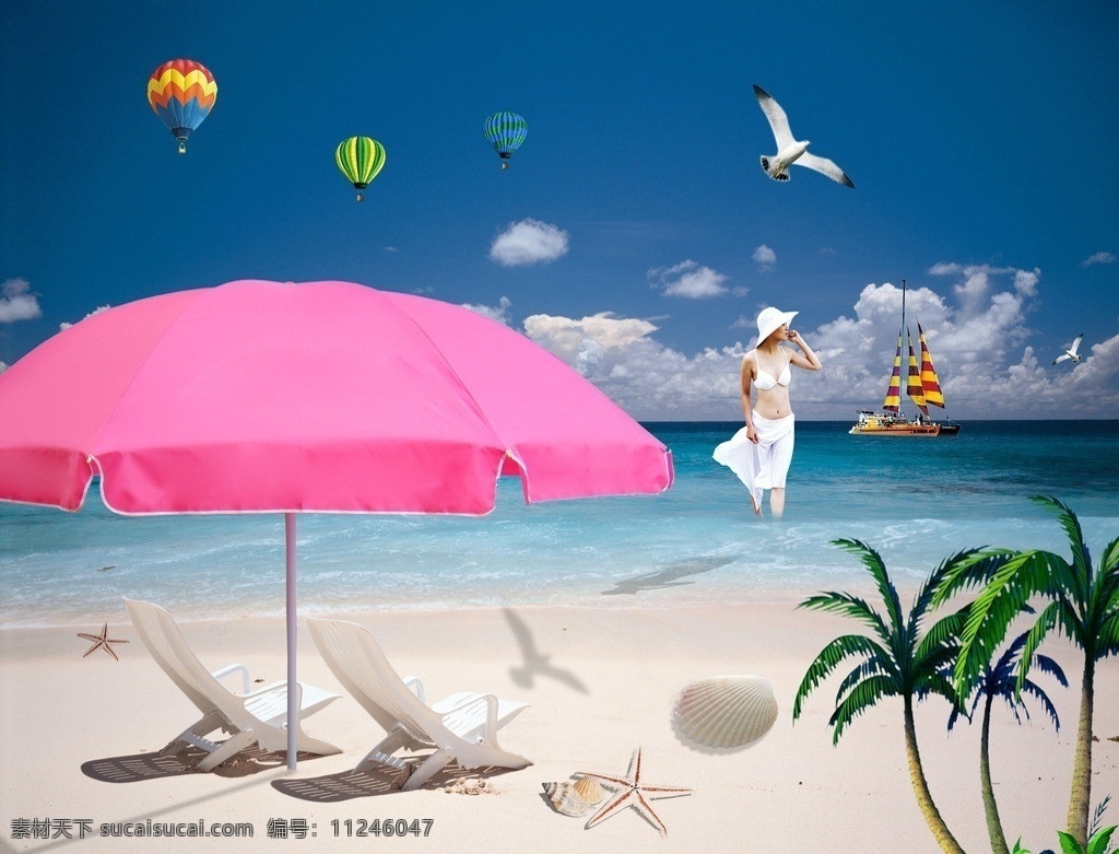 海边美女 太阳伞 海星 椰树 女人 美女 热气球 海鸥 大海 沙滩 贝壳 海贝 帆船 椅子 帽子 广告设计模板 源文件