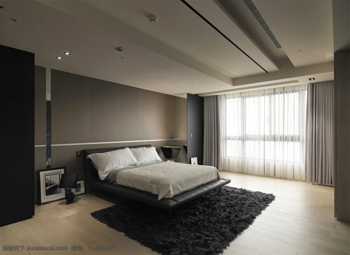 白色床单 白色纱窗 地毯 木地板 射灯 室内装修 极 简 都市 现代 装修 效果图