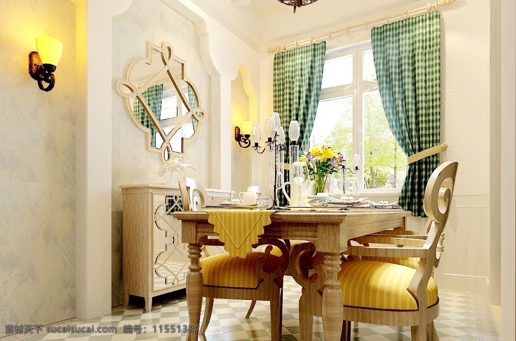 美式 田园 风格 餐厅 3d 效果图 唯美 浪漫 小清新 欧美风格 暖色系 家装 温馨 舒适