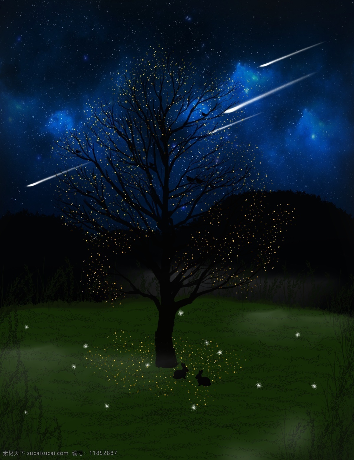 星空 夜色 唯美 梦幻 树 璀璨 蓝色 童话 夜空 梦境 许愿 流星