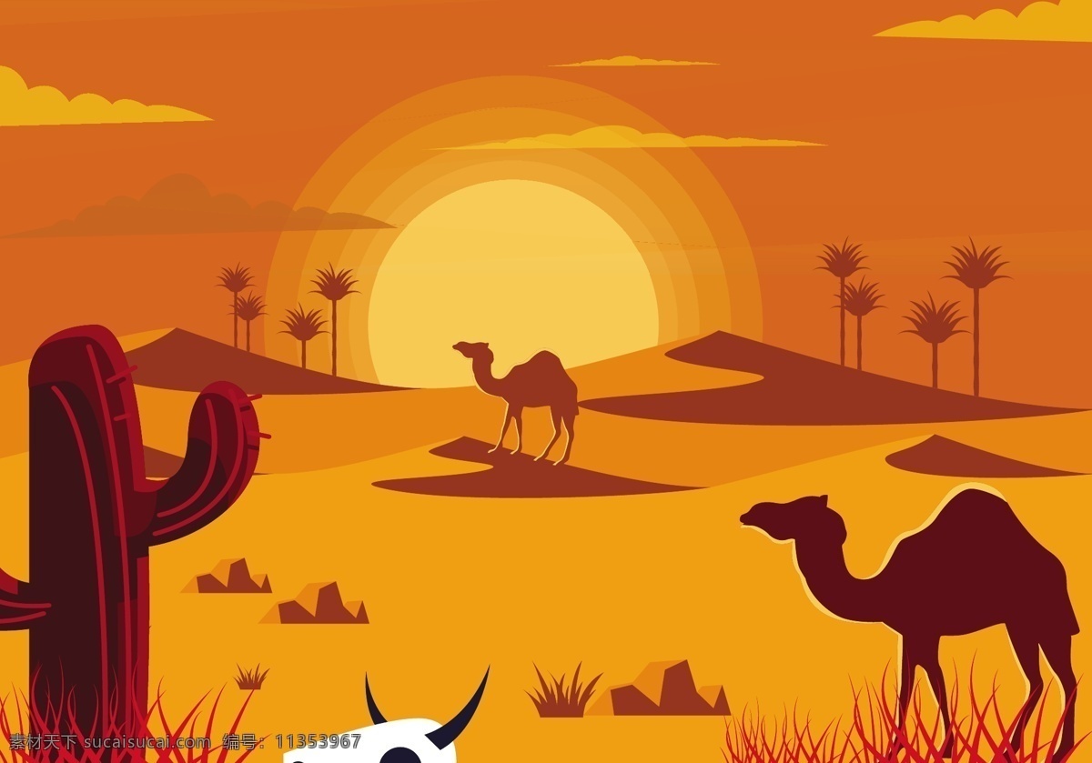 沙漠 骆驼 矢量 太阳 黄昏 仙人掌 矢量素材