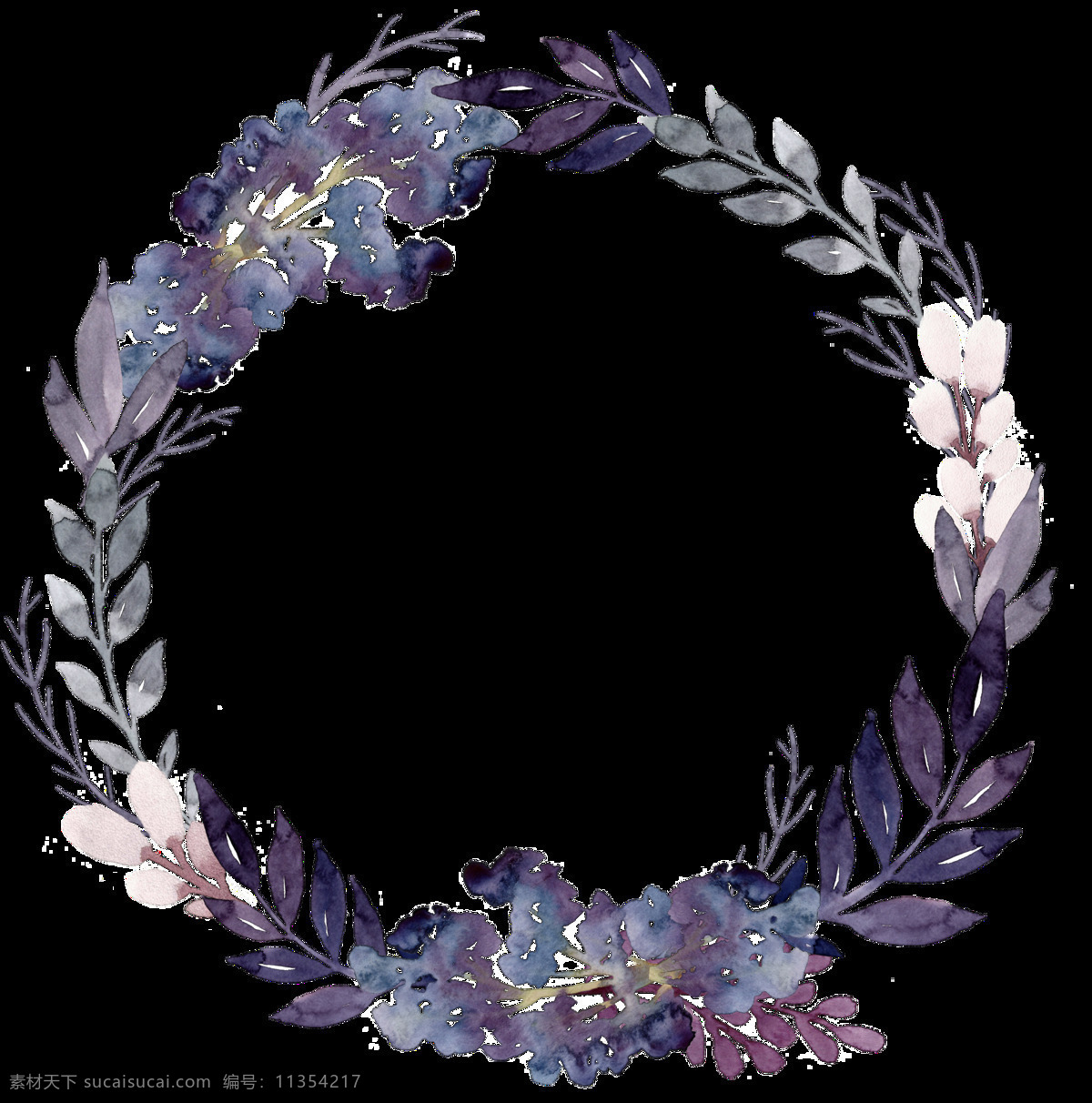浪漫 深 紫色 树叶 手绘 花环 装饰 元素 花瓣 花环图案 圆形 紫色花朵 紫色树叶