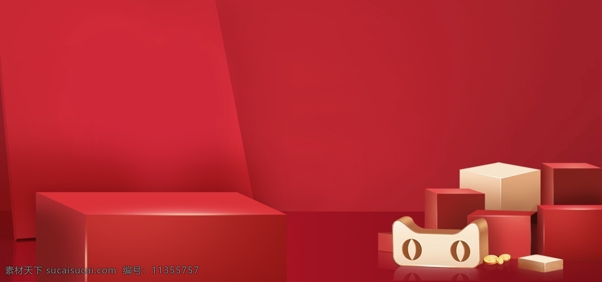 方块 装饰 红色 背景 猫头 金币 电商 活动 红色背景 背景素材