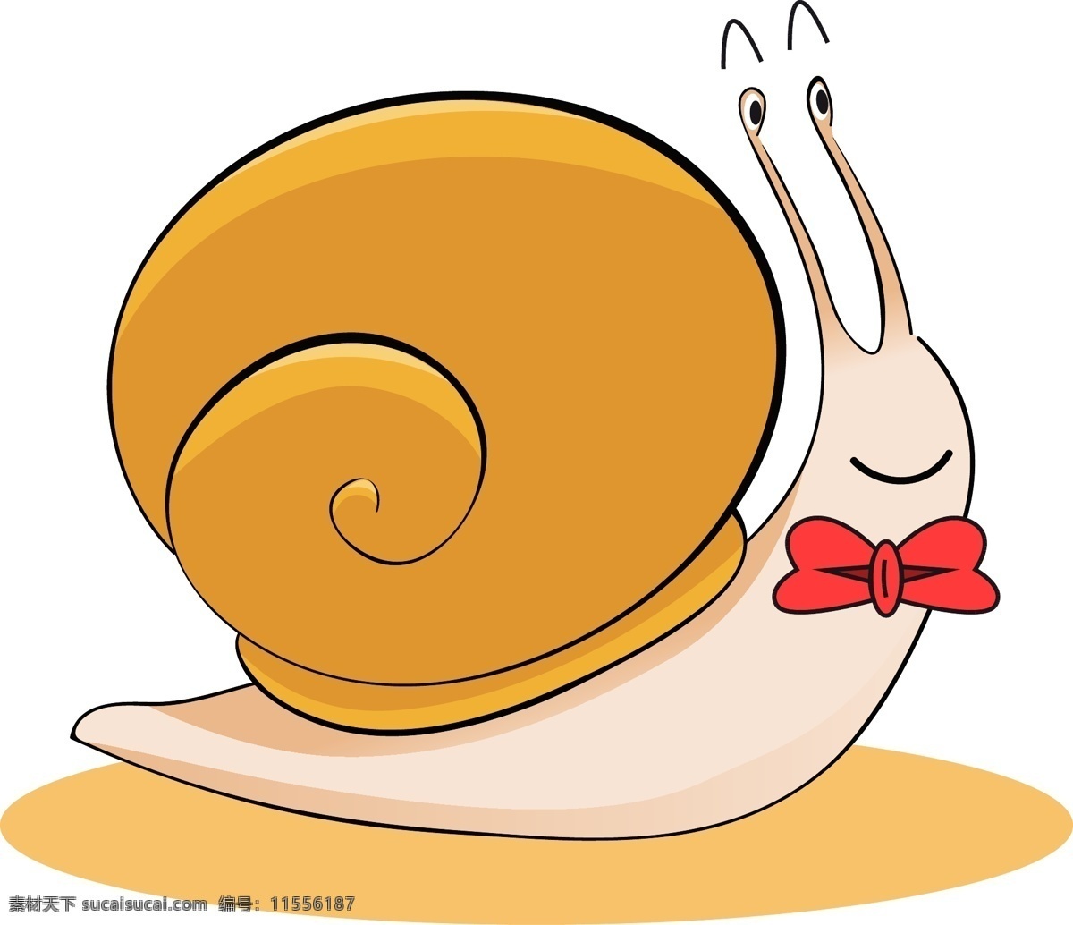 矢量 手绘 卡通 蜗牛 黄色 红色领结 肤色 蜗牛壳 微笑 开心 触须 眼睛 可爱 免扣
