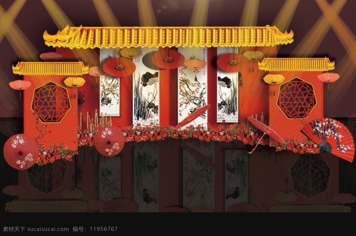 中式 中国 红 镂空 婚礼 迎宾 区 背景 效果图 折扇 油纸伞 画卷 纸灯笼 竹子 镂空屋檐造型 红色鲜花 层次感婚礼