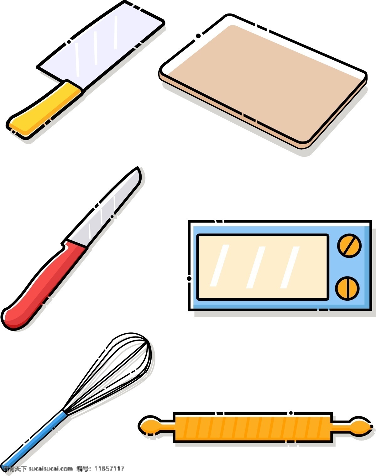 矢量 卡通 简约 可爱 厨房用品 生活用品 菜刀 刀 微波炉 菜板 打蛋器 擀面杖