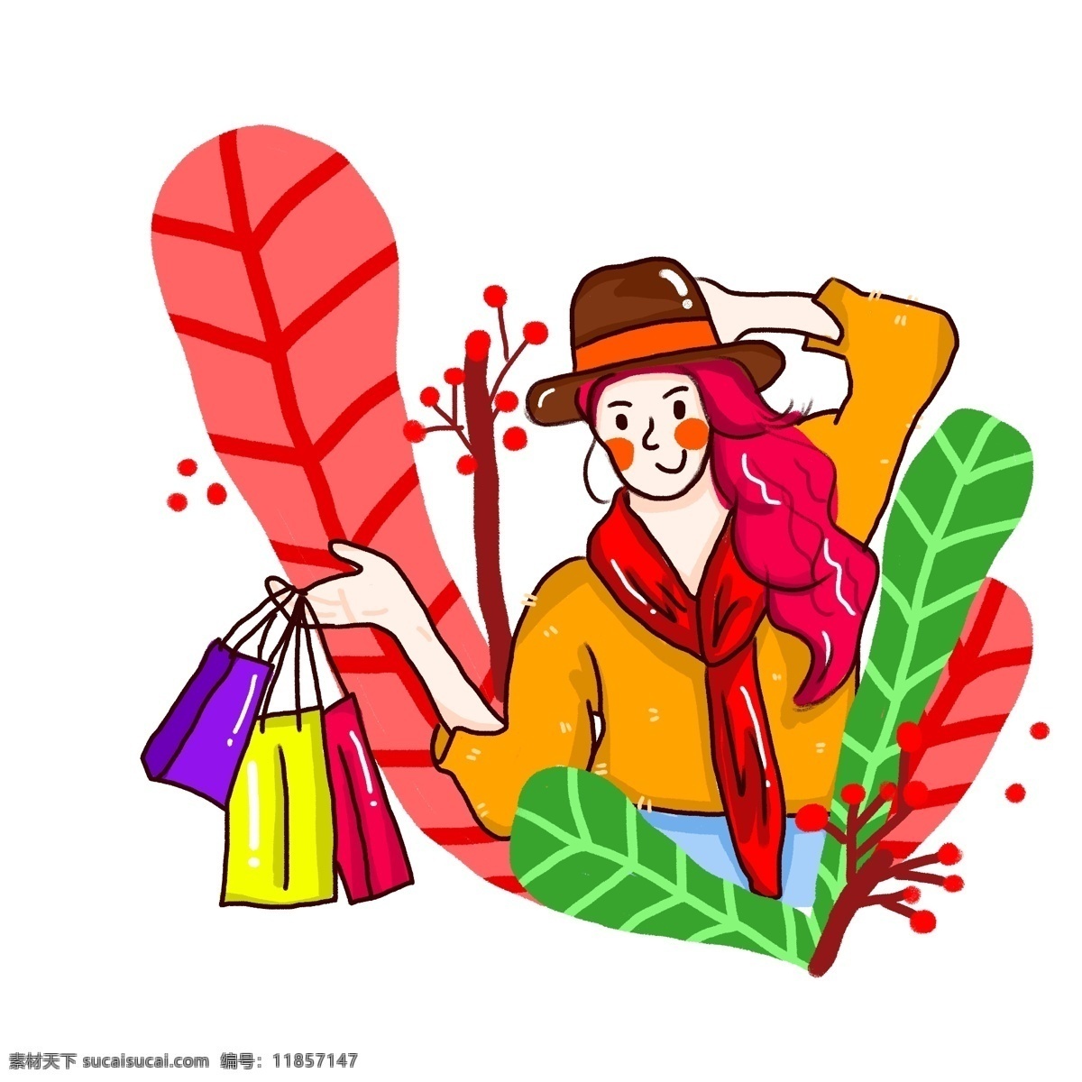 手绘 插图 可爱 少女 购物 源文件 插画 红色 绿色 人物 花朵 卡通 帽子 叶子 植物 长发