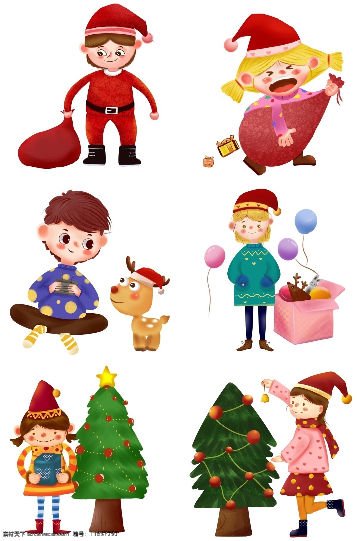 卡通 圣诞节 手绘 插图 装扮圣诞树 气球 麋鹿 礼物袋 儿插风格 小女孩 冬季 圣诞 圣诞节日 西方节日 手绘红果 装饰松树