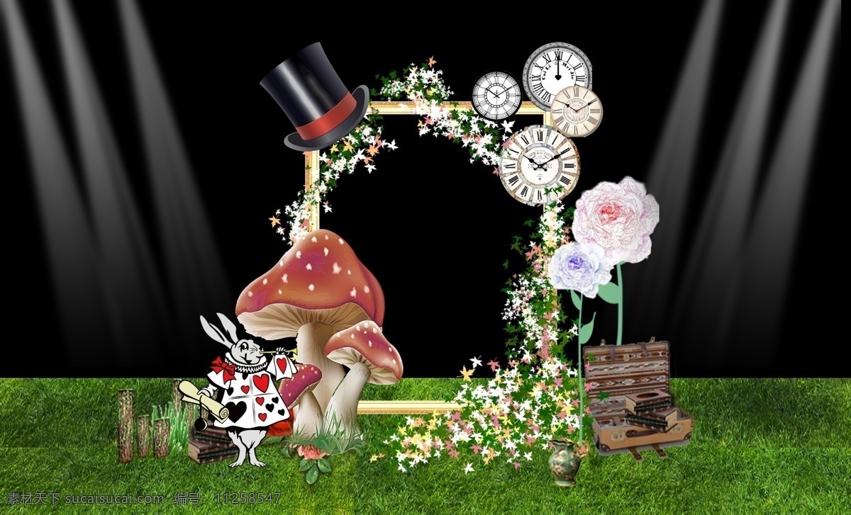 爱丽丝 梦游 仙境 婚礼 背景 帽子 兔子 花朵 钟表 蘑菇 书