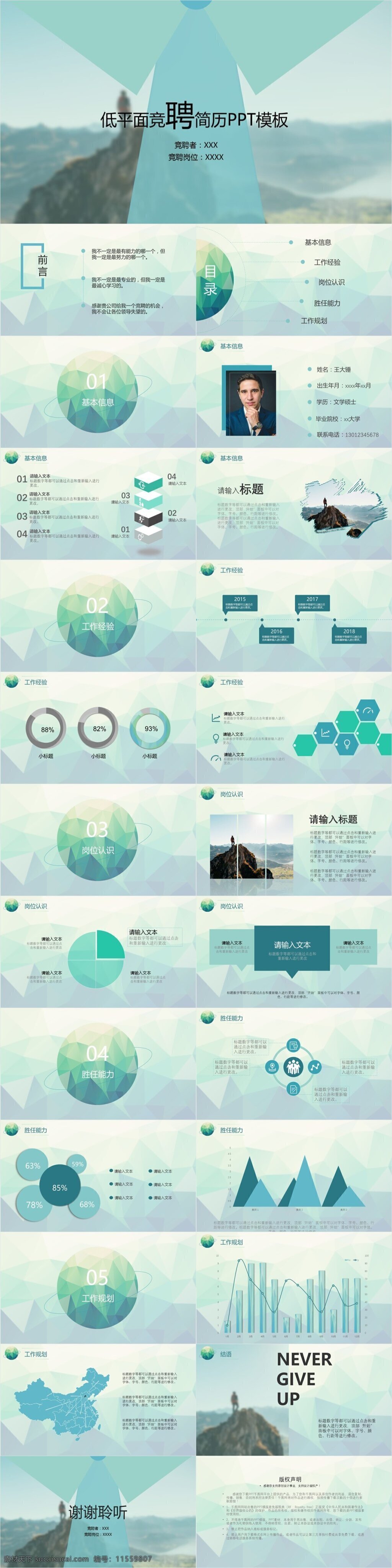 低 平面 竞聘 简历 模板 低平面 应聘 清爽 蓝色 绿色 商务