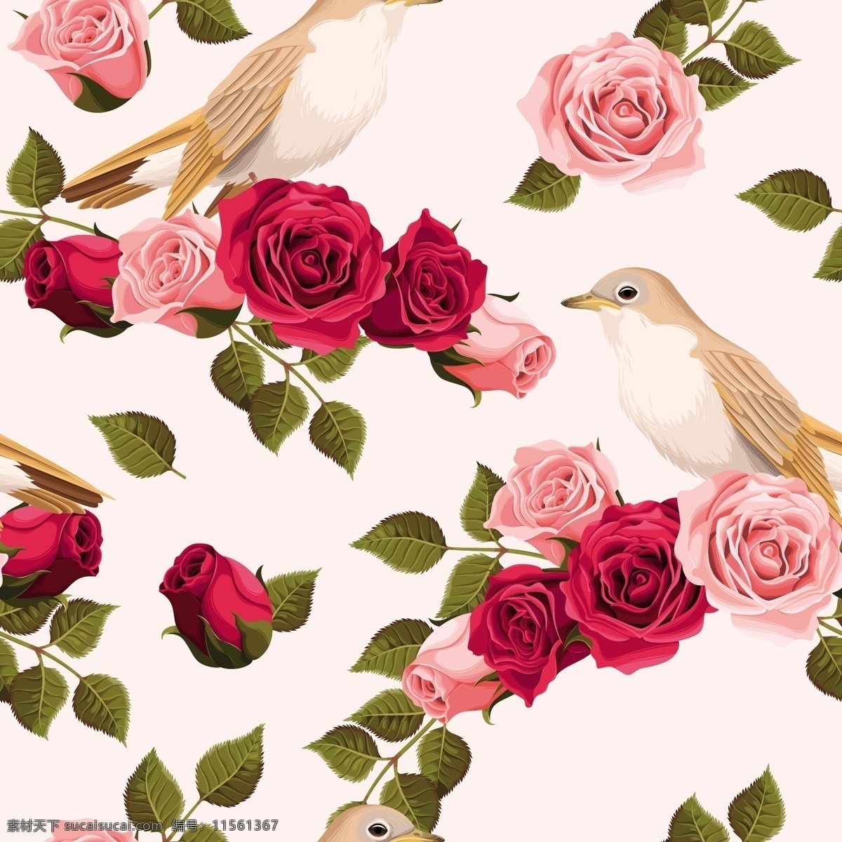 粉色 系 玫瑰花 纹理 图案 矢量 背景 小鸟 花鸟背景 广告背景 粉红色