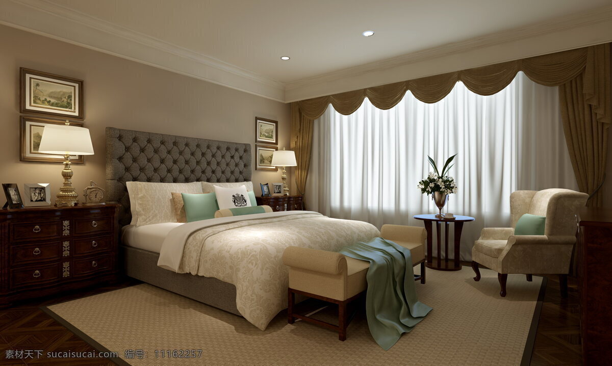美式 清新 卧室 灰色 床头 垫 室内装修 效果图 木地板 浅色地毯 卧室装修 实木家具