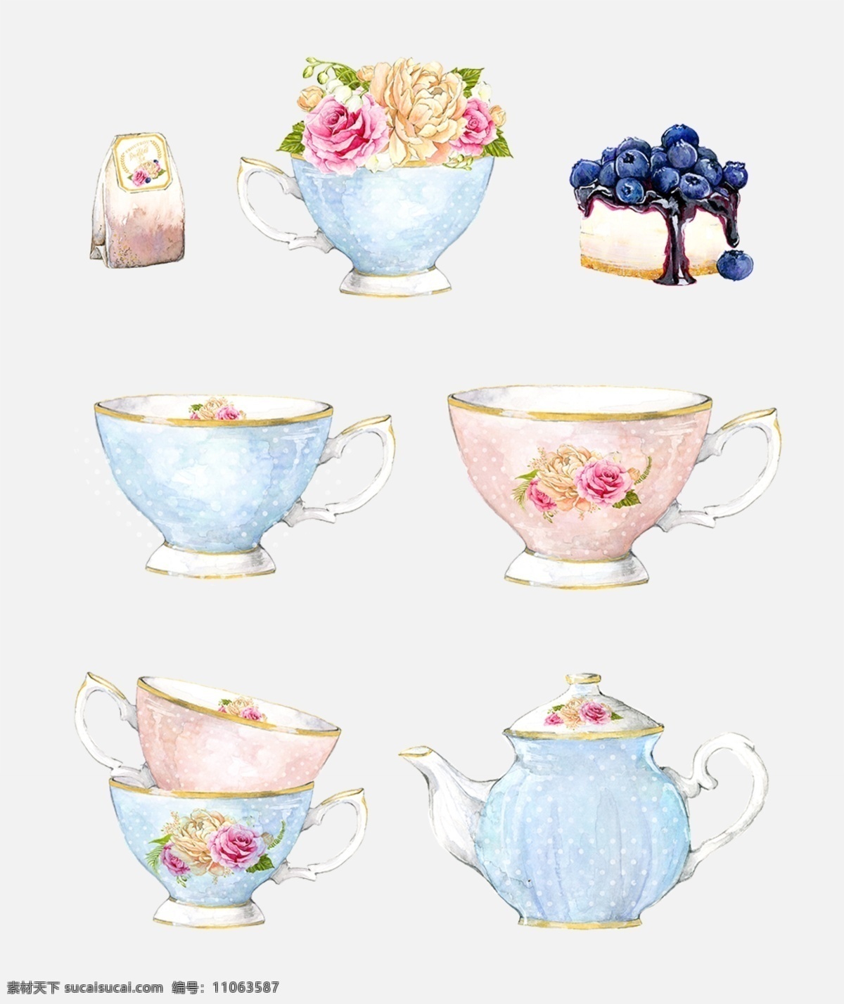 玫瑰 茶壶 下午 茶 唯美 手绘 水彩 玫瑰茶壶 下午茶 唯美手绘 蓝莓蛋糕 水彩ps素材