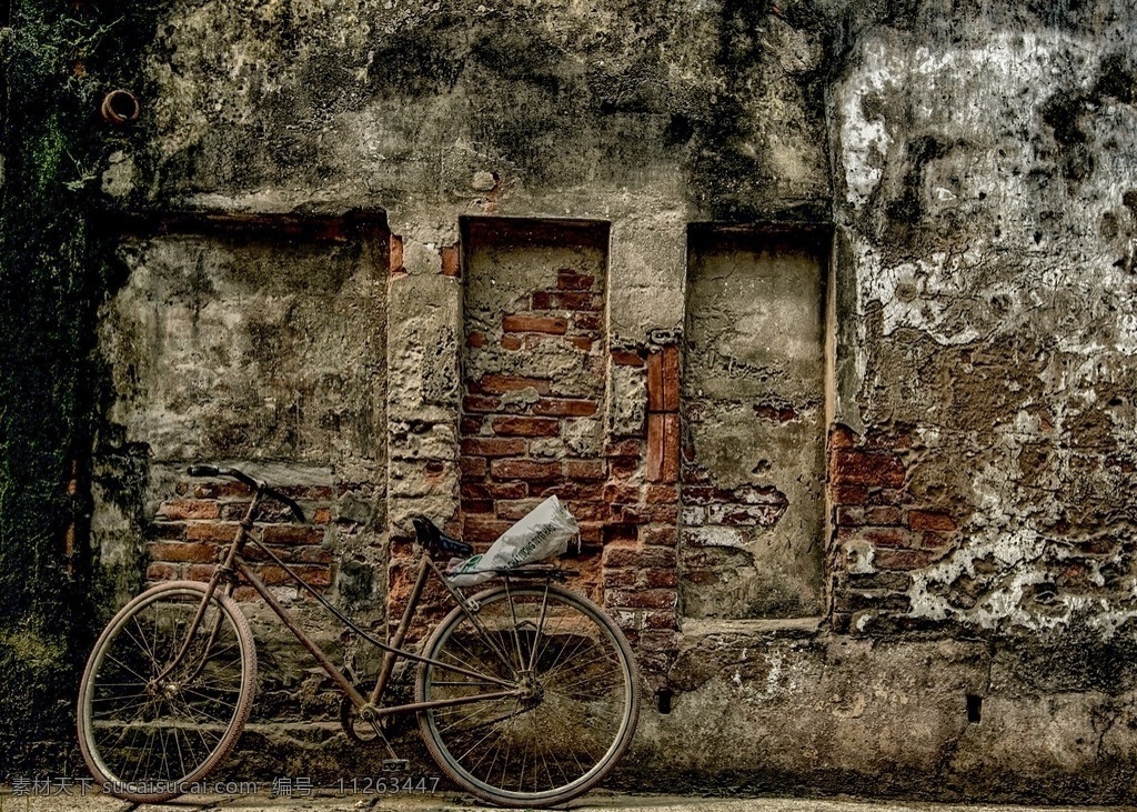 古老街道 自行车 墙上 机场 国家现场 农村 富川 河内 越南 石头 旅游摄影 国外旅游