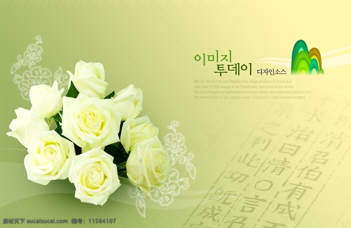 白色 玫瑰 装饰 分层 韩国素材 绿色 背景 黄色