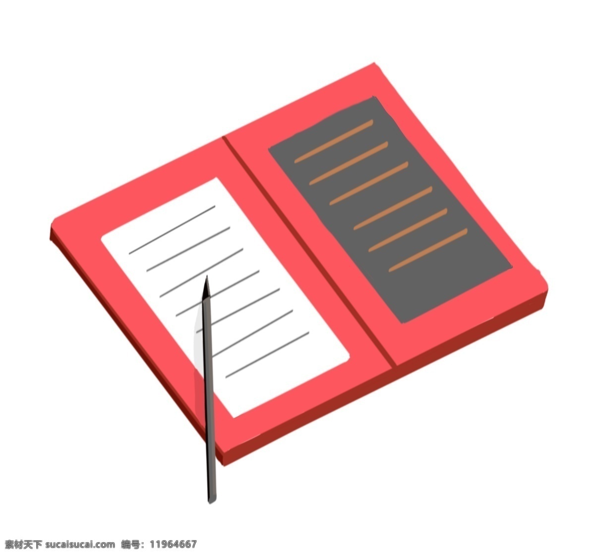 红色 笔记本 插画 红色的笔记本 打开的笔记本 黑色的纸张 白色的纸张 记录用笔 会议办公用品