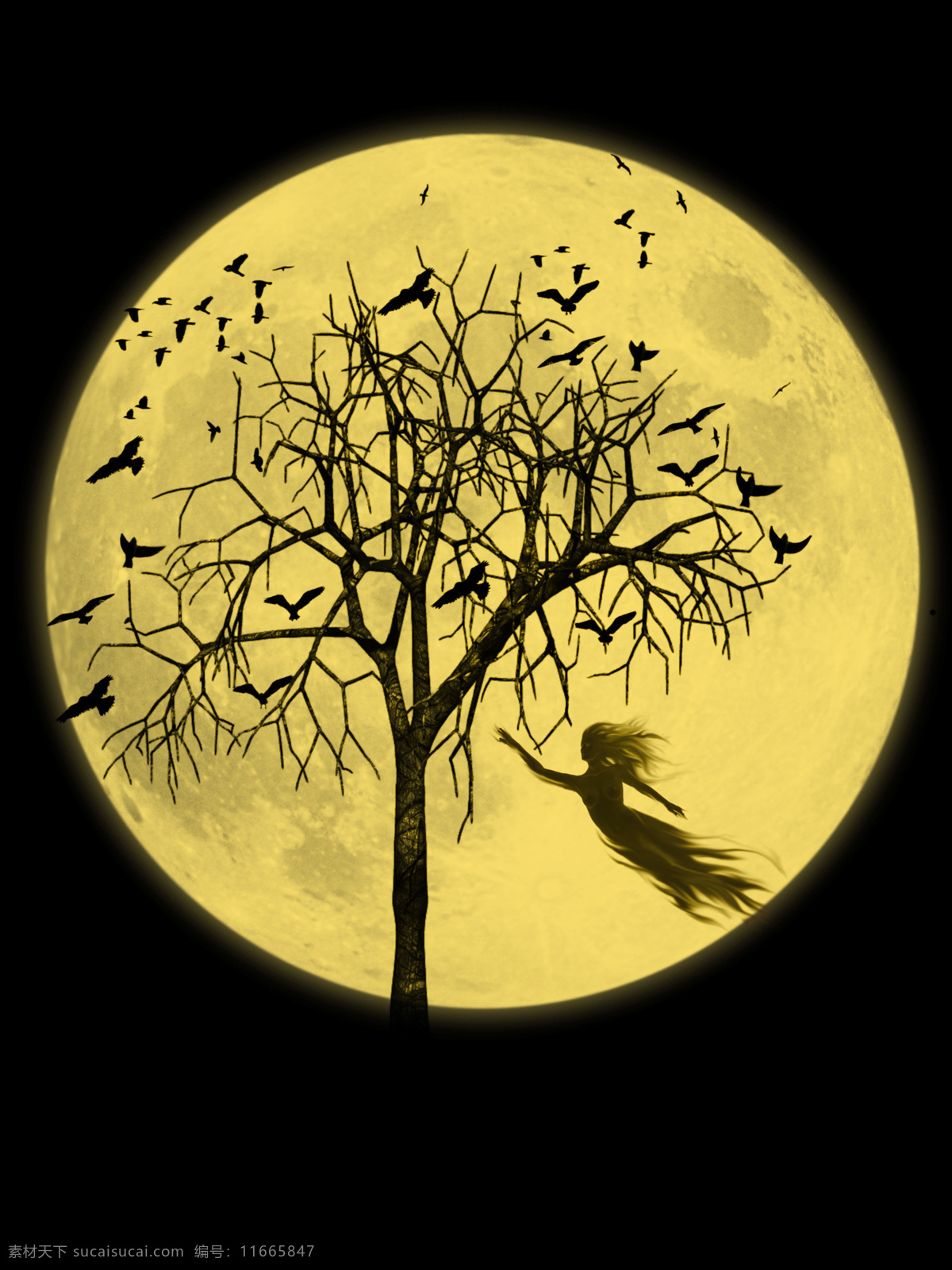 月亮 树木 乌鸦 女鬼 鬼魂 魂魄 万圣节素材 恐怖元素 其他人物 人物图片